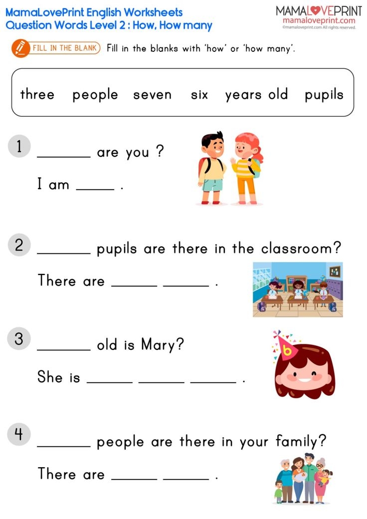 MamaLovePrint English Worksheets What Who How How Many When Where Basic 