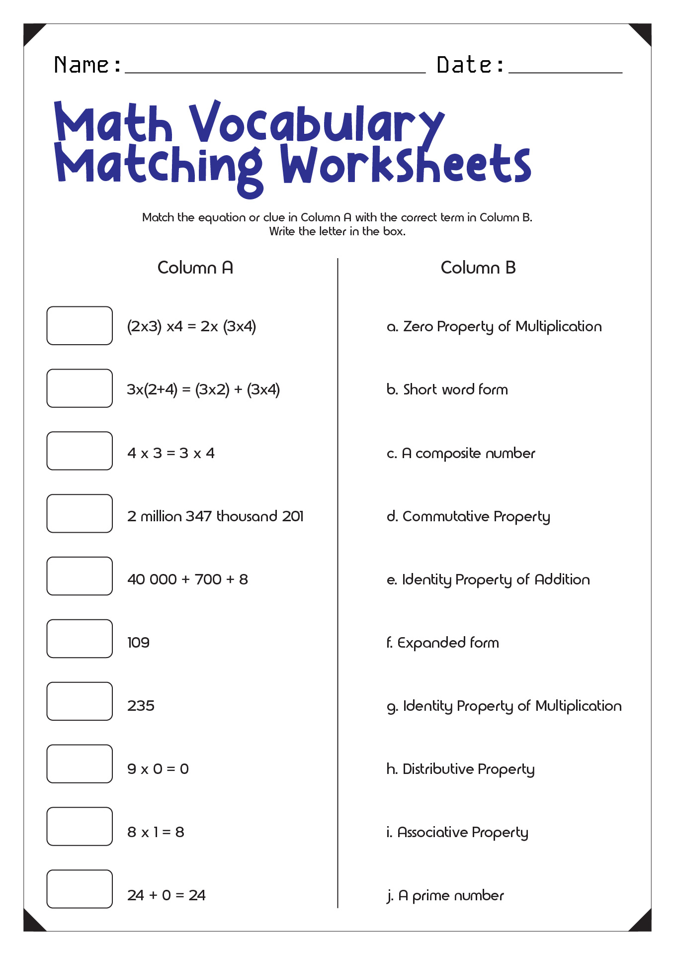 Math Vocabulary Worksheet Math Vocabulary Words For 8th Grade 
