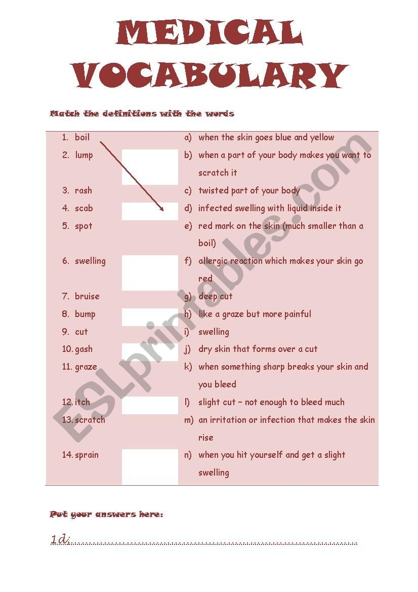 MEDICAL VOCABULARY ESL Worksheet By Jannabanna