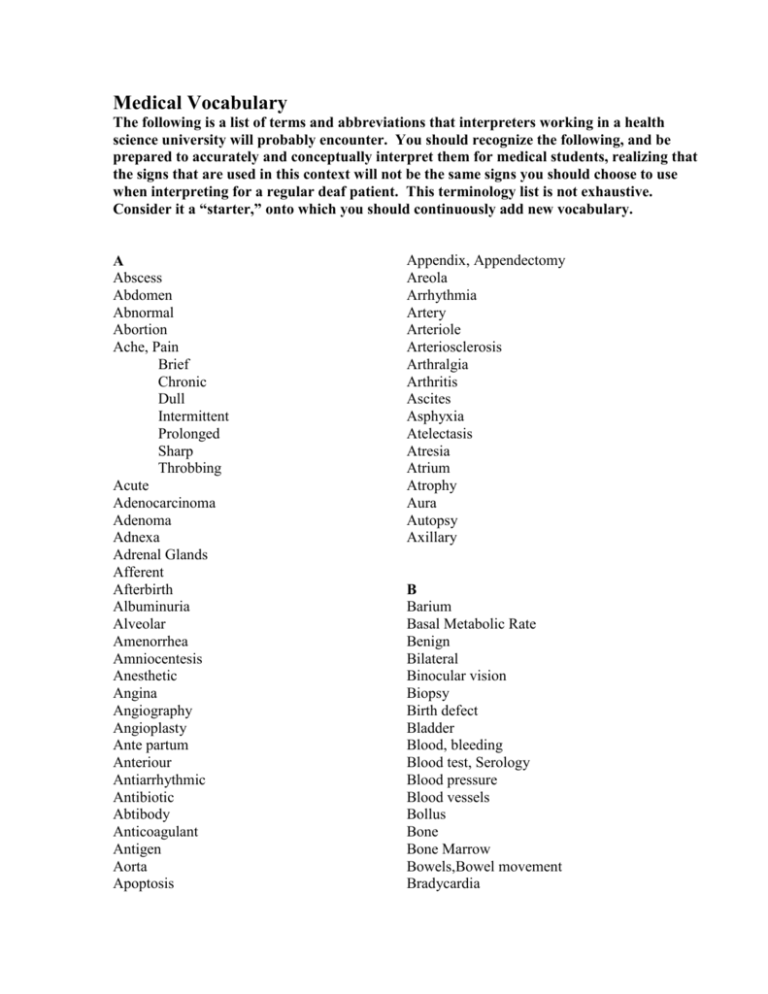 medical vocabulary list medical vocabulary list