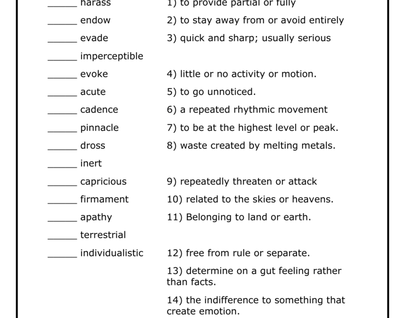 Middle School Level Vocabulary Matching Words 1 Teach
