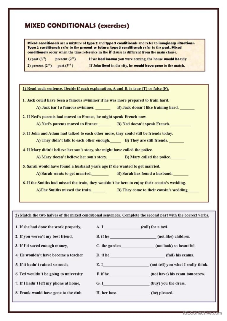 Mixed Conditionals exercises Gener English ESL Worksheets Pdf Doc