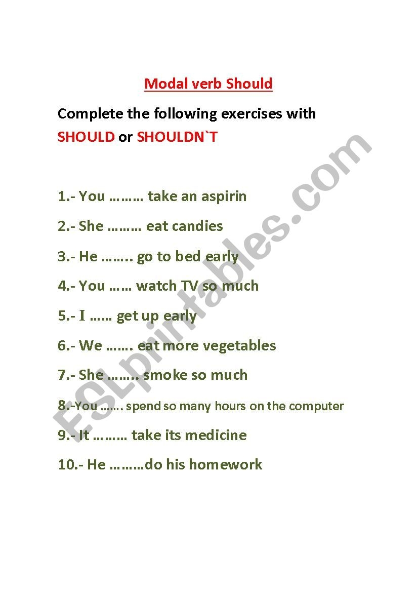 Modal Verb Should Worksheet
