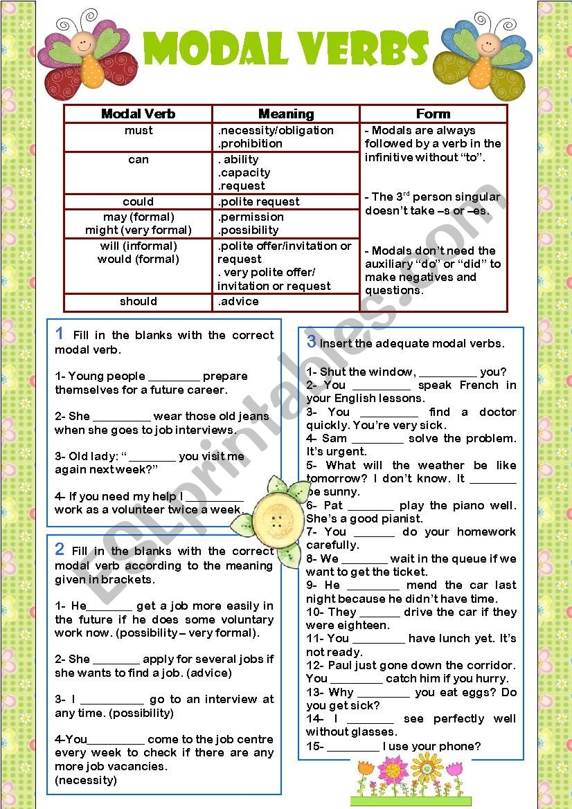 Modal Verbs Worksheet For Kids