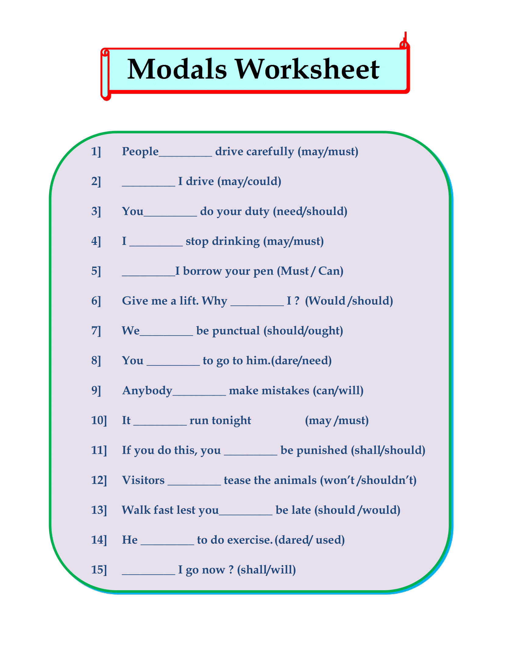 Modals Worksheet For Grade 9