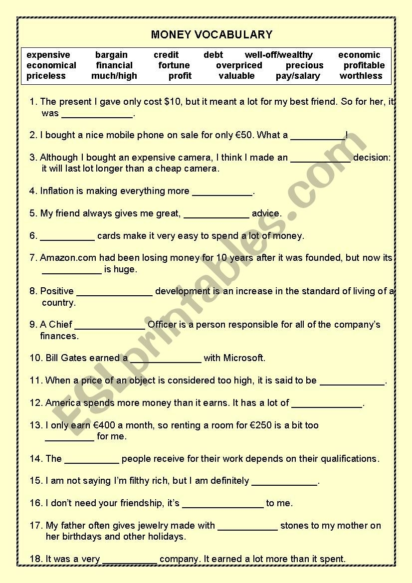 Money Vocabulary Worsheet ESL Worksheet By Rikmo