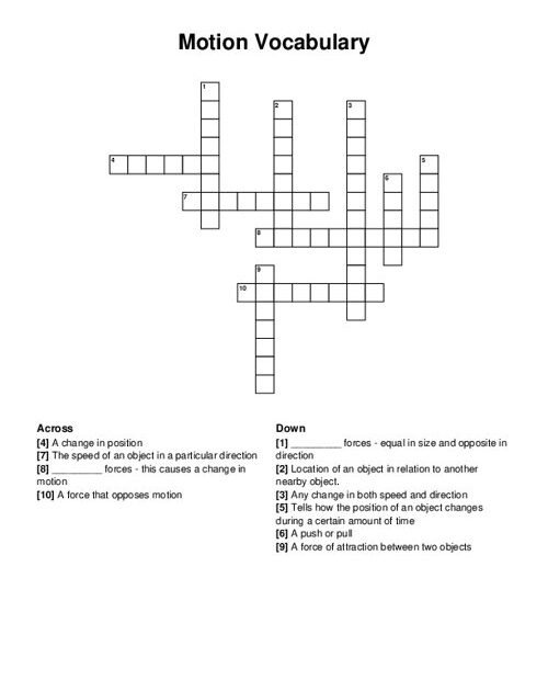 Motion Vocabulary Crossword Puzzle