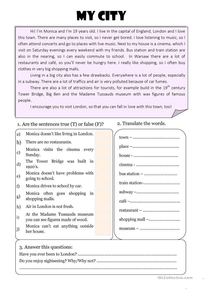 My Town Reading Vocabulary English ESL Worksheets For Distance 
