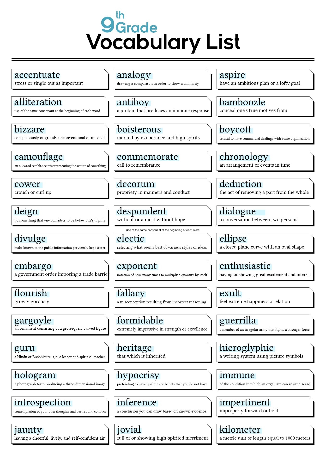 Ninth Grade Vocabulary Words