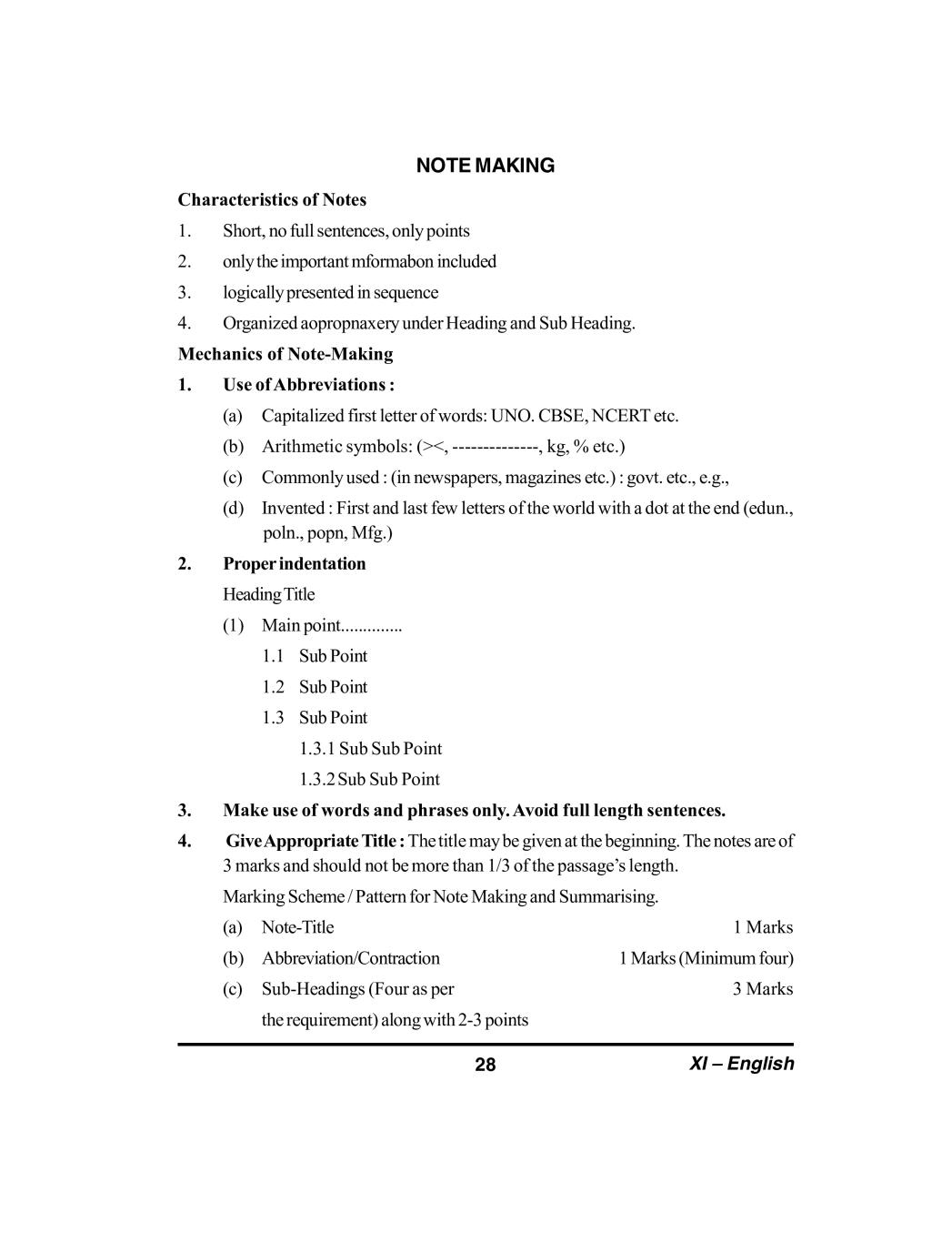 Note Making Format Notes For Class 11 English PDF OneEdu24