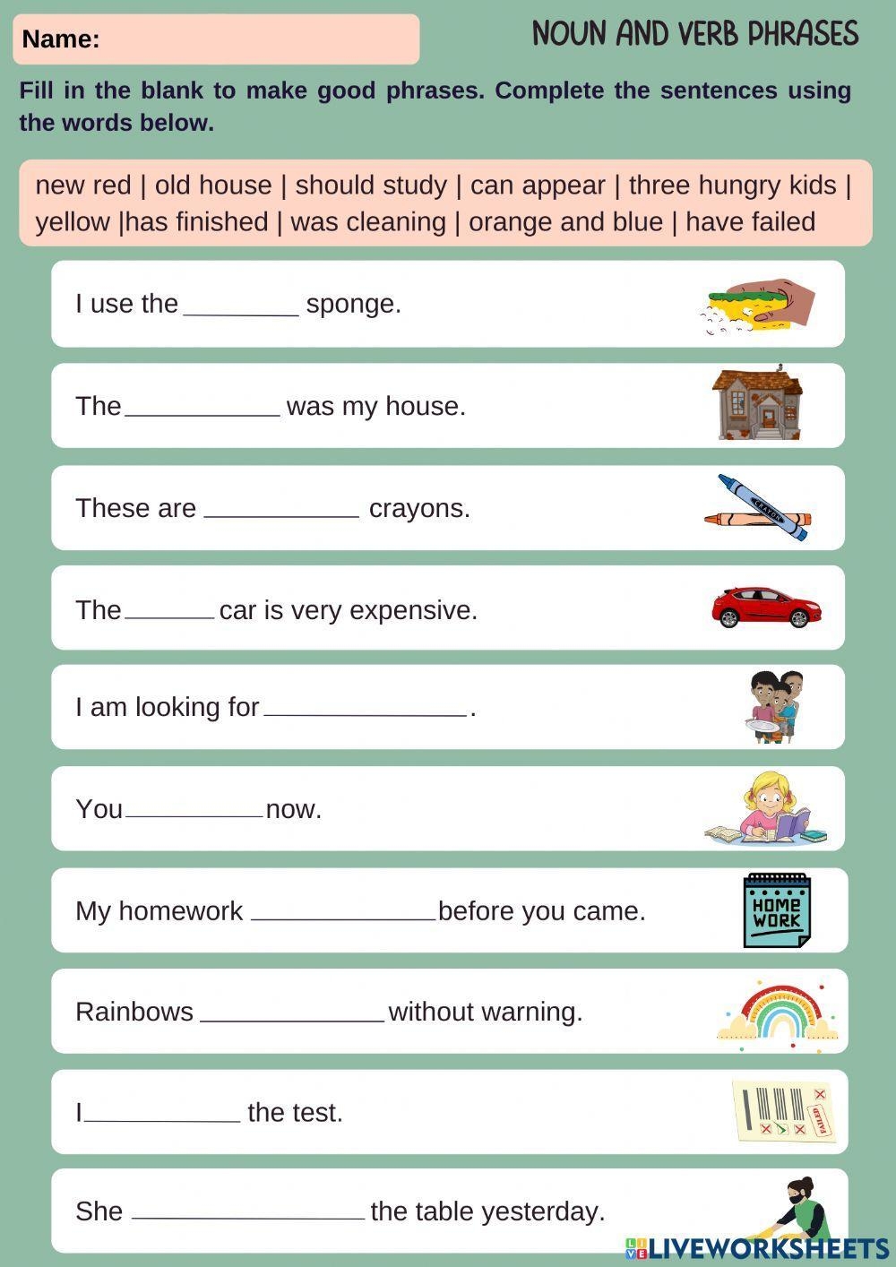 Noun And Verb Phrase Task Grammar101holic Live Worksheets Library