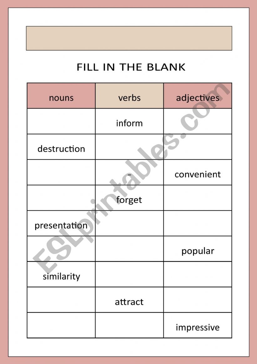 Noun Verb Adj ESL Worksheet By Chamiiiii