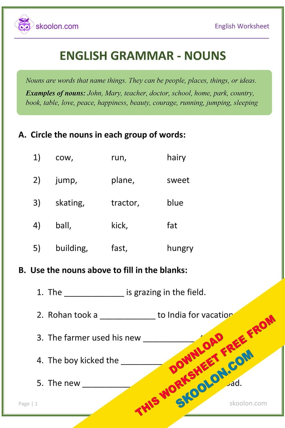 Noun Worksheet Nouns Worksheets Color By Number Grammar Glitter In