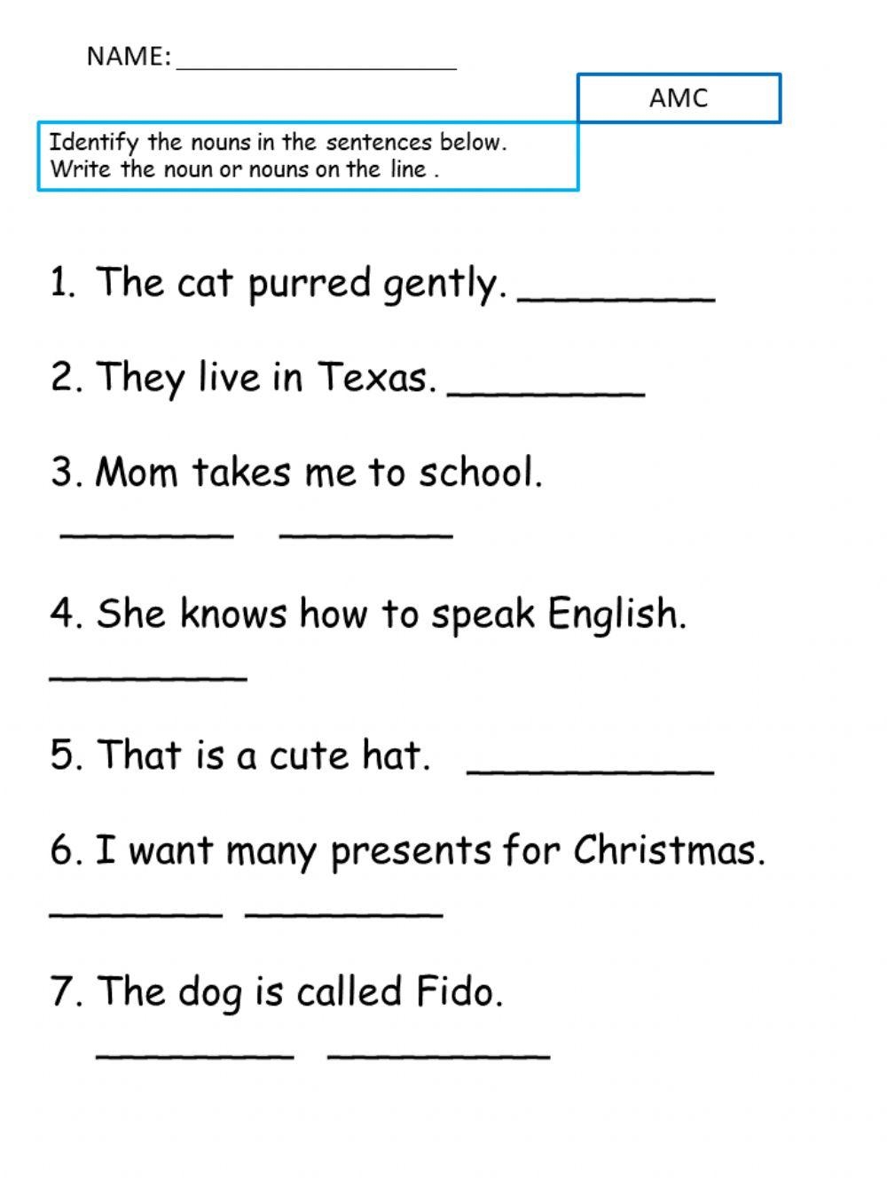 Nouns Identify Nouns In A Sentence Worksheet Live Worksheets 