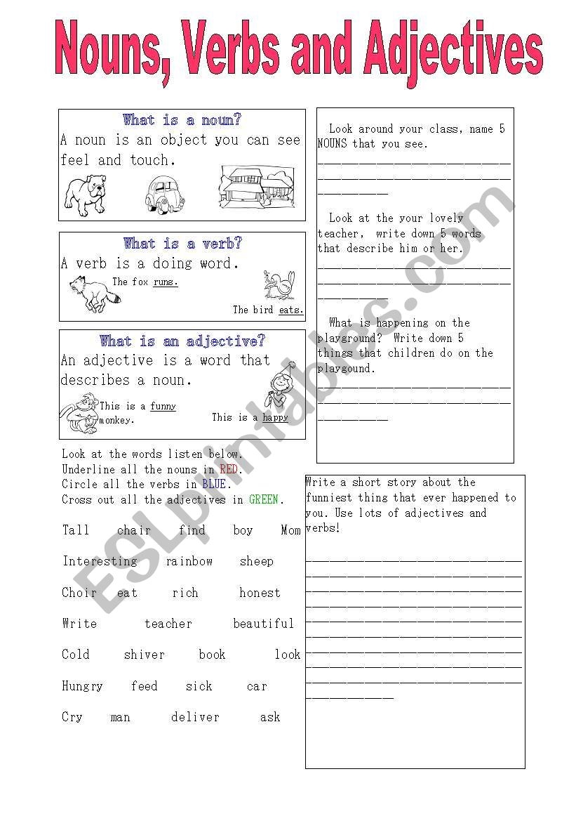 nouns verbs adjectives worksheet