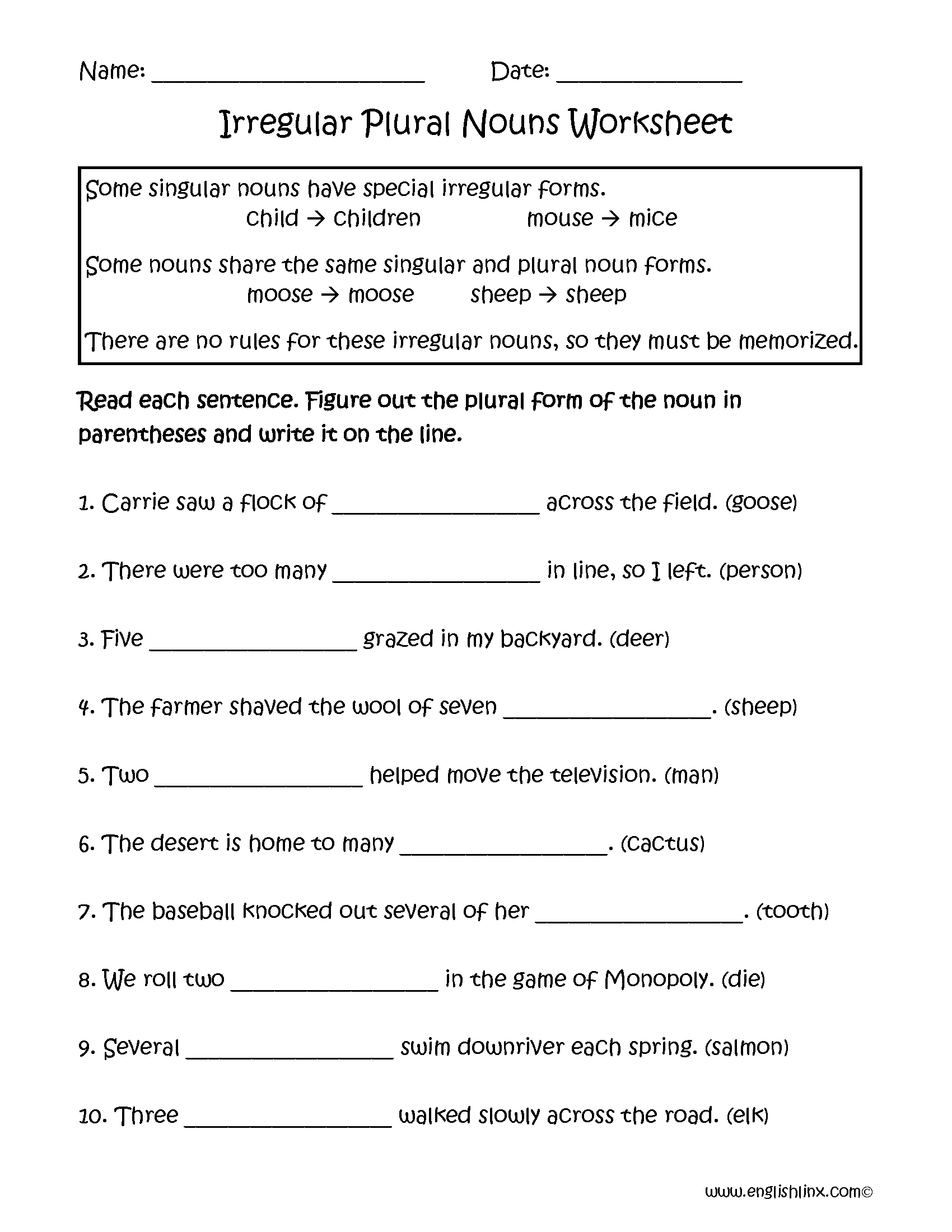 Nouns Worksheets Irregular Nouns Worksheets