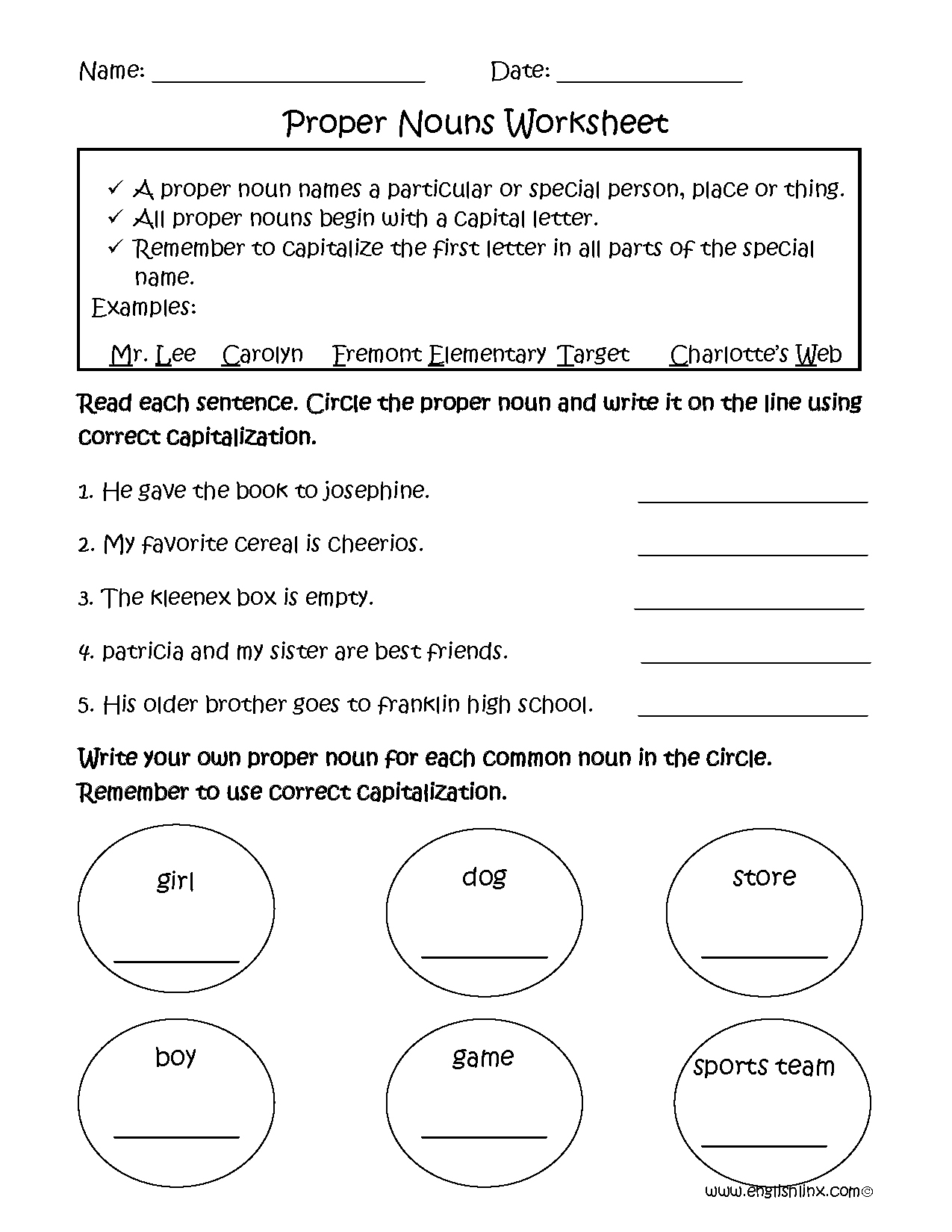 Nouns Worksheets Proper And Common Nouns Worksheets