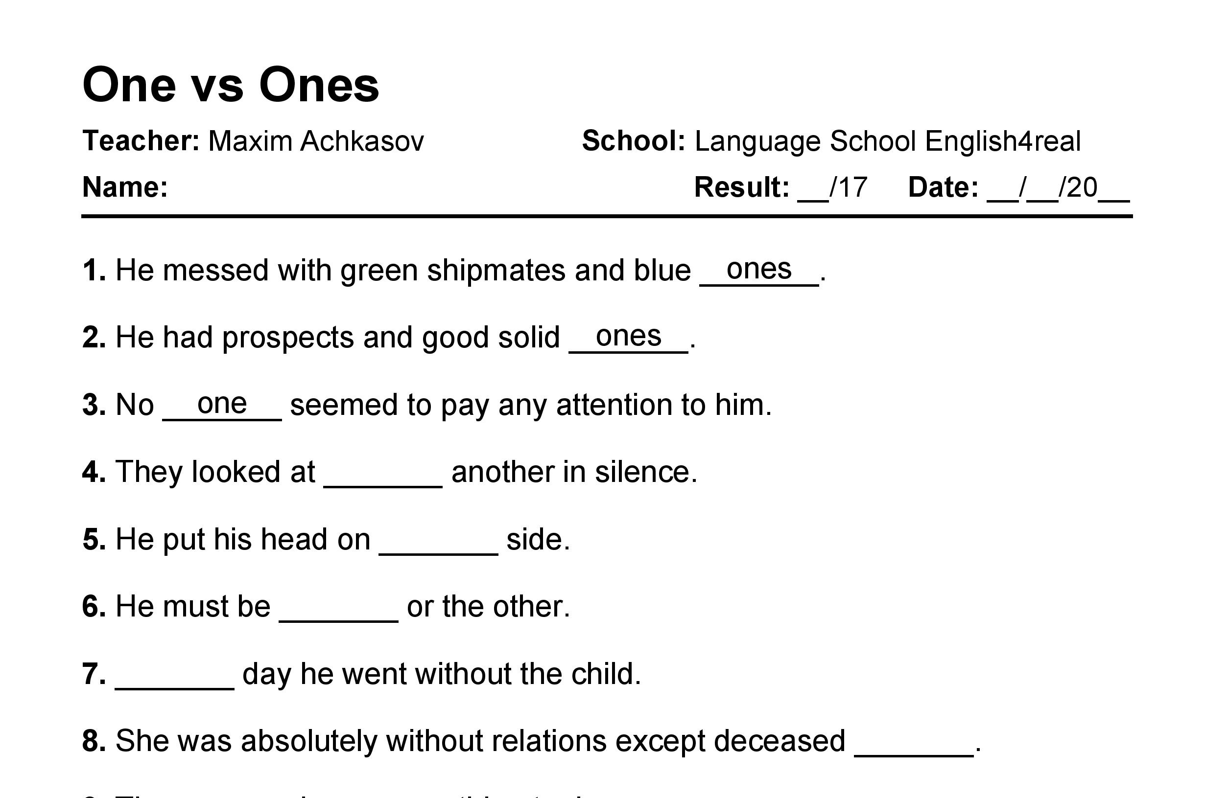 One Vs Ones English Grammar Fill In The Blanks Exercises With 