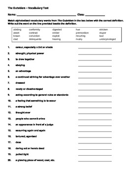 OUTSIDERS Vocabulary List Definitions Student Worksheets Test