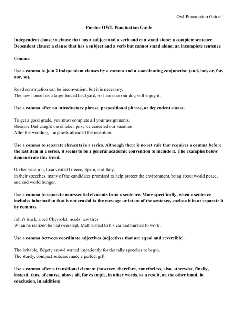 Owl Punctuation Guide Purdue OWL Punctuation Guide