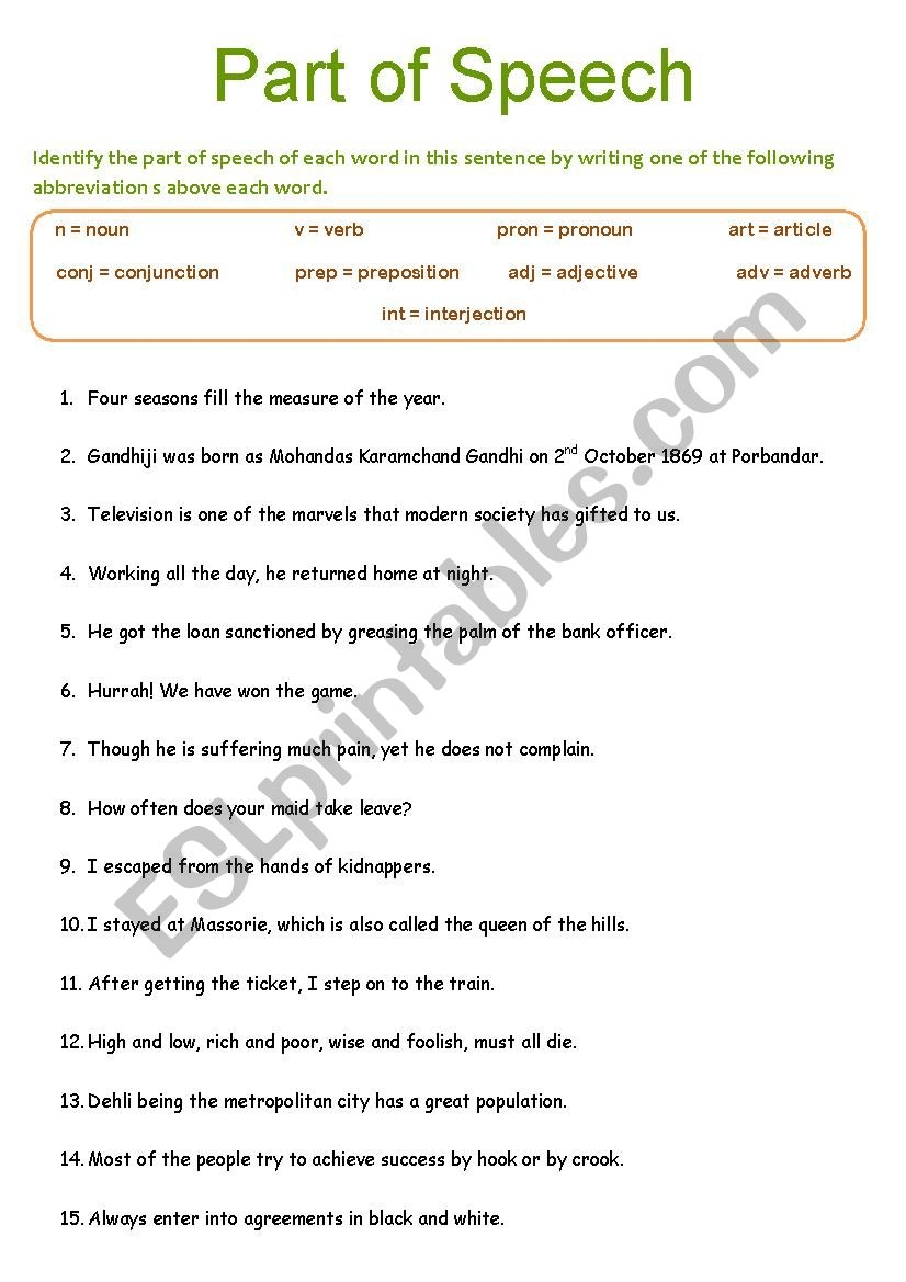 Part Of Speech ESL Worksheet By Tanuja1809
