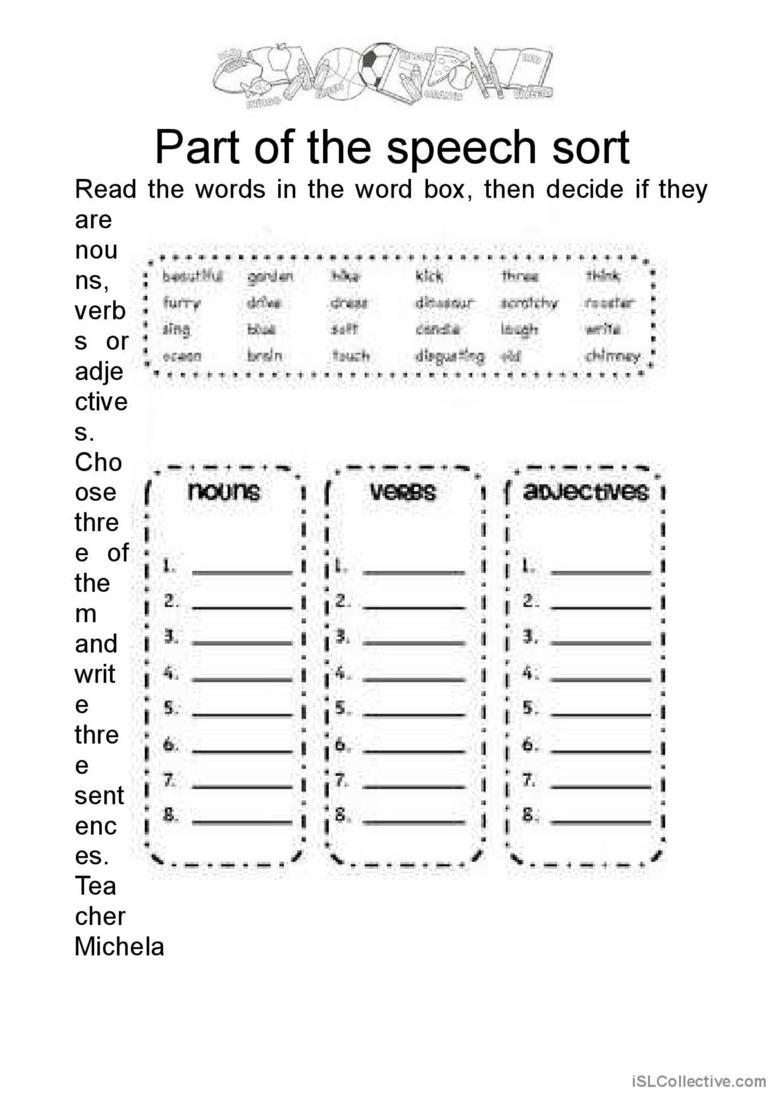 Part Of The Speech Sort General Gram English ESL Worksheets Pdf Doc