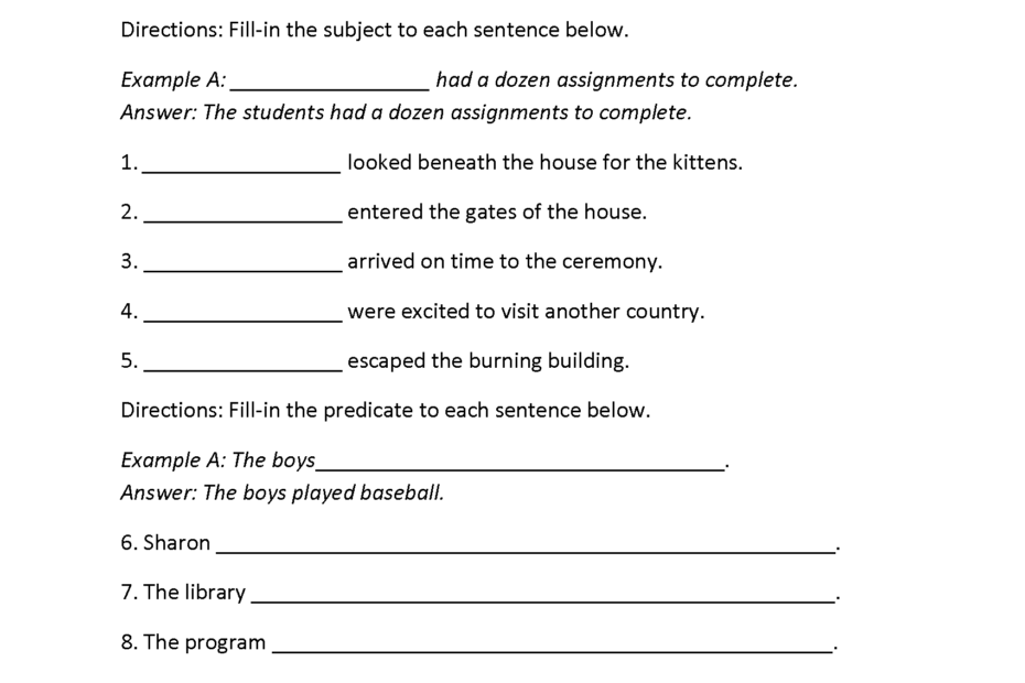 Parts Of A Sentence Worksheets Subject And Predicate Worksheets