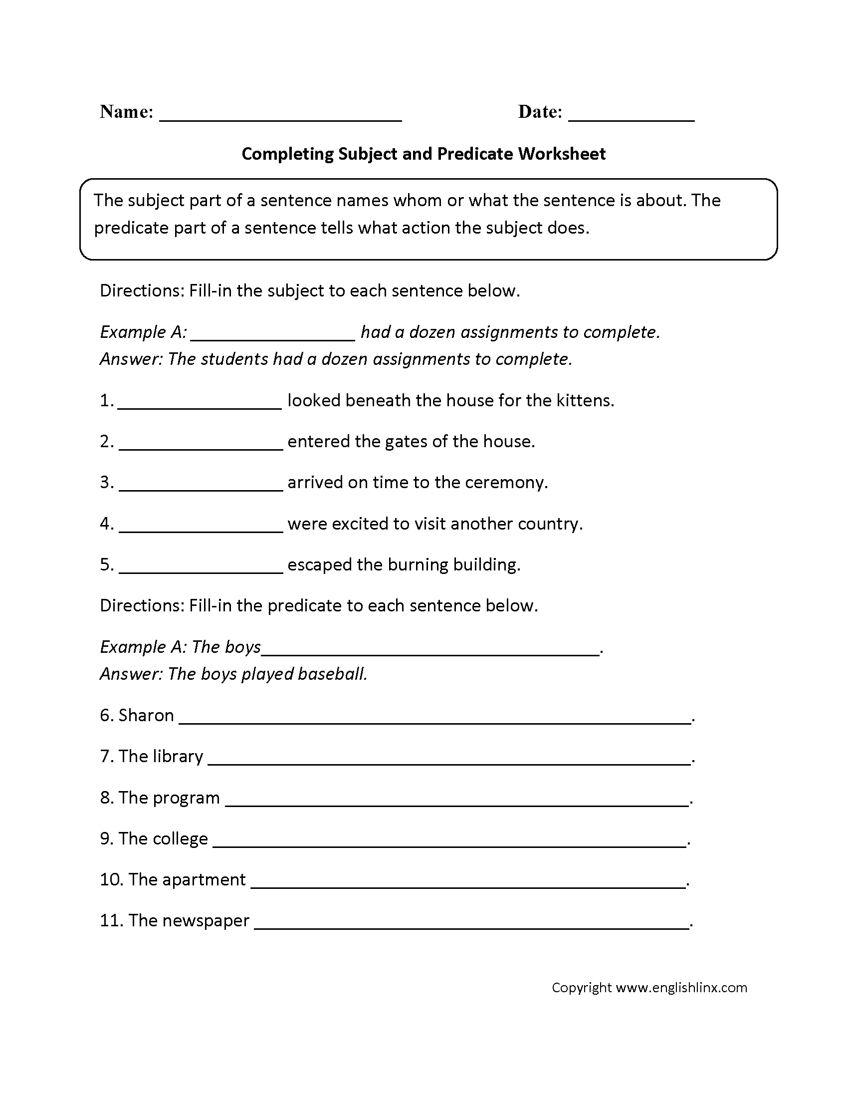 Parts Of A Sentence Worksheets Subject And Predicate Worksheets