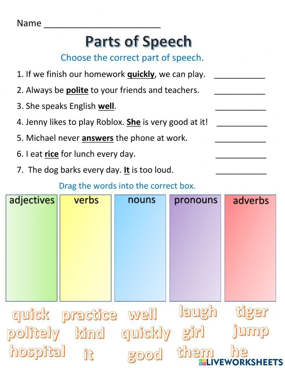 Parts Of Speech Online Exercise For Grade 3 Live Worksheets 