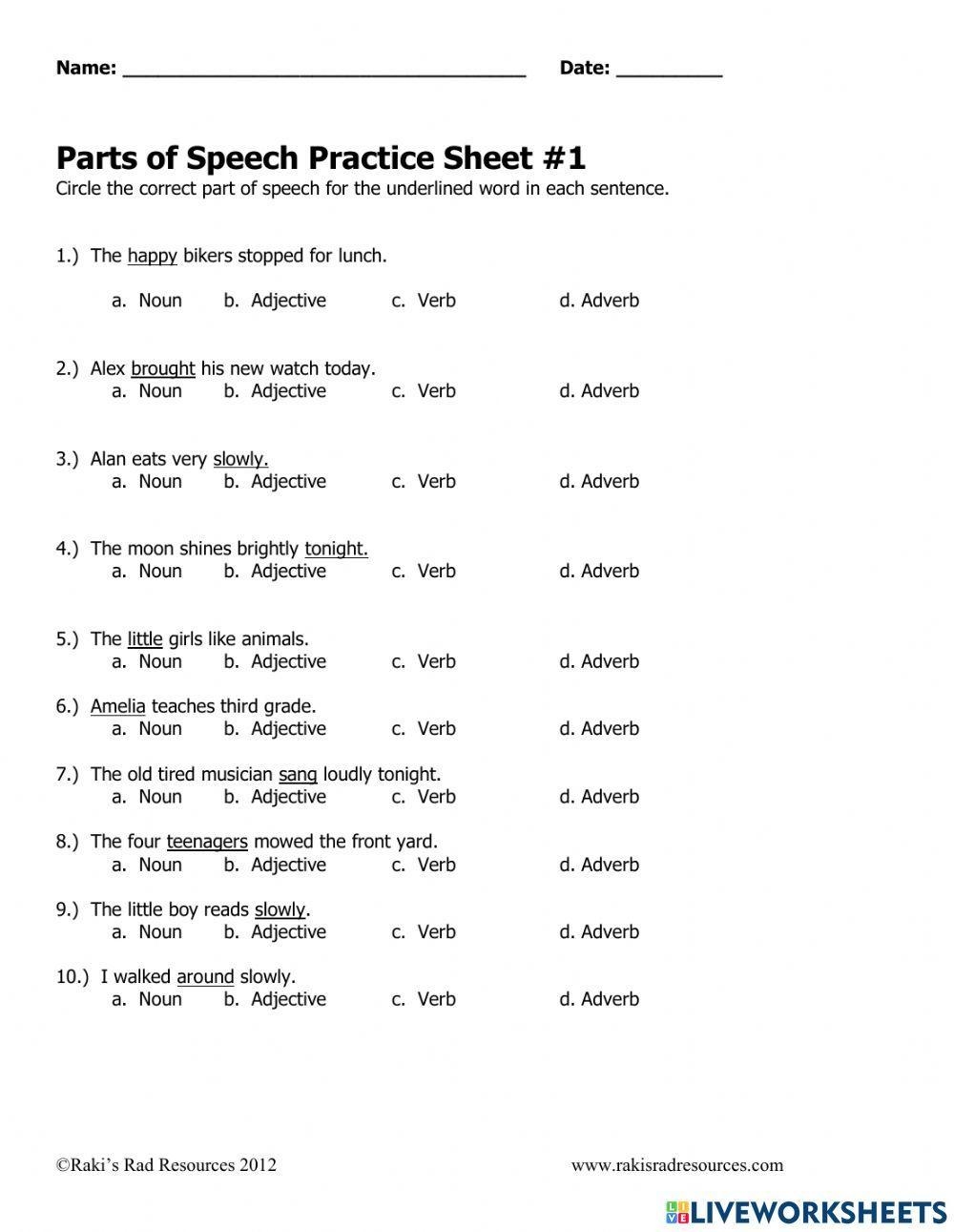 Parts Of Speech Practice Online Worksheet Live Worksheets 