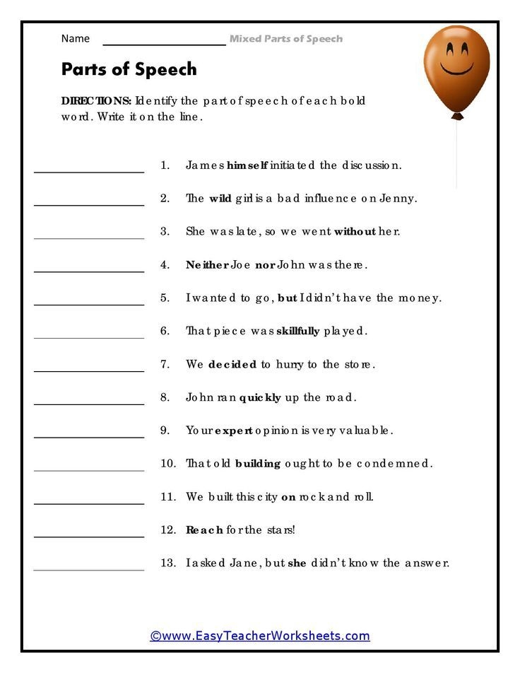 Parts Of Speech Worksheet