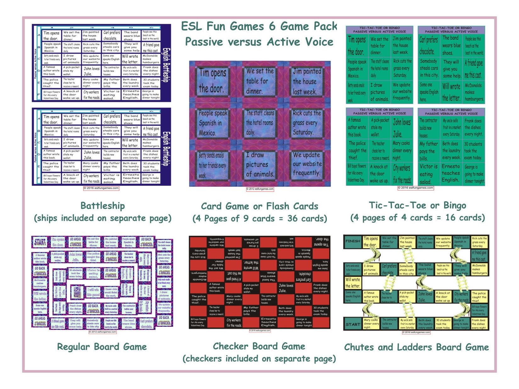Passive Versus Active Voice 6 Board Game Bundle Teaching Resources
