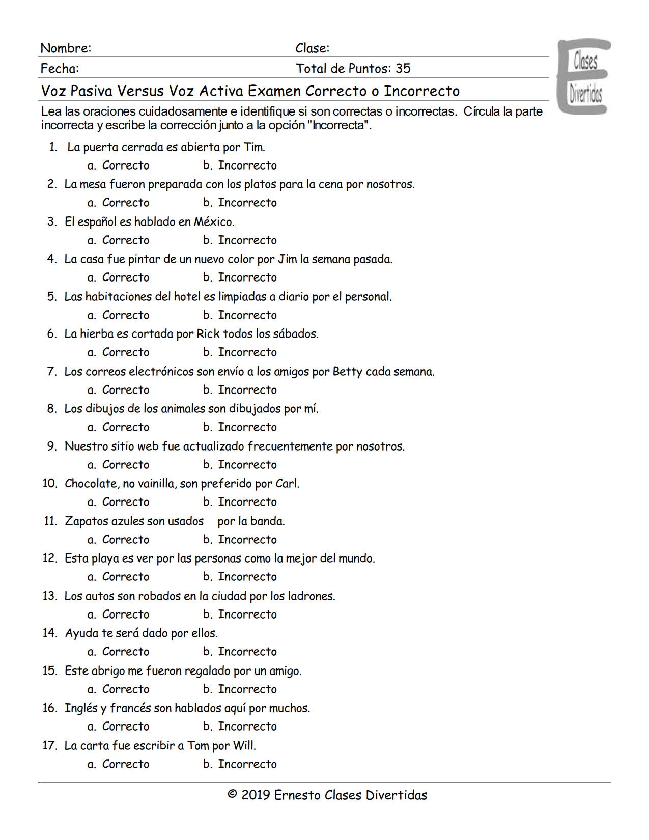 Passive Versus Active Voice Spanish Correct Incorrect Exam Teaching 