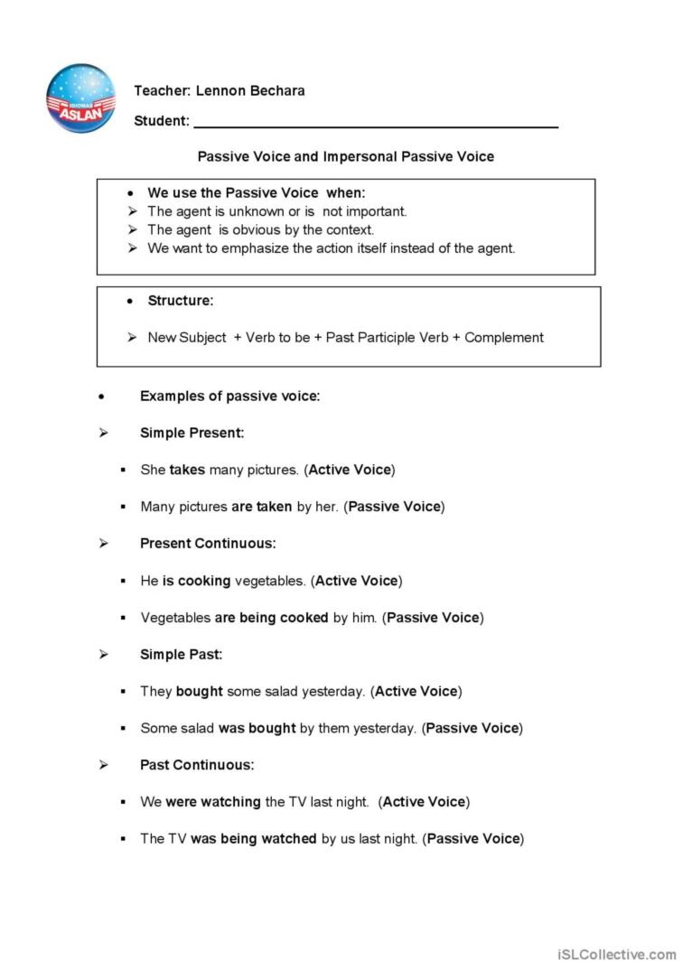 Passive Voice And Impersonal Passive English ESL Worksheets Pdf Doc