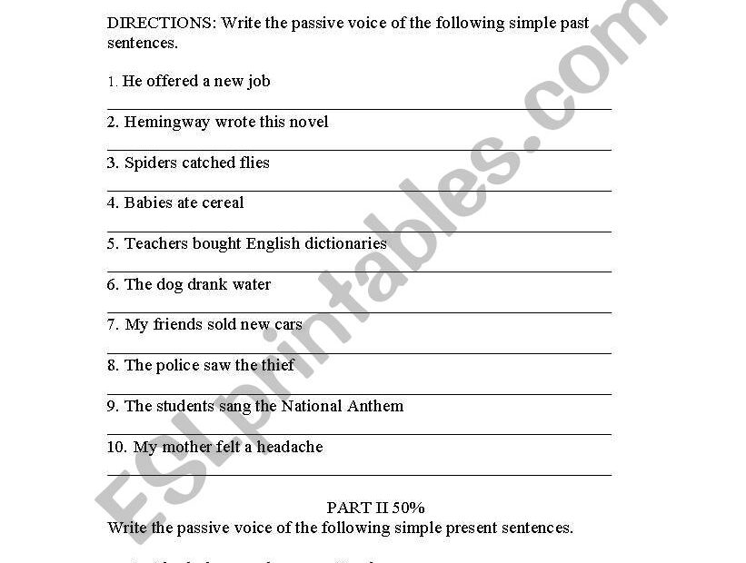 PASSIVE VOICE WRITTEN TEST ESL Worksheet By Dyndel