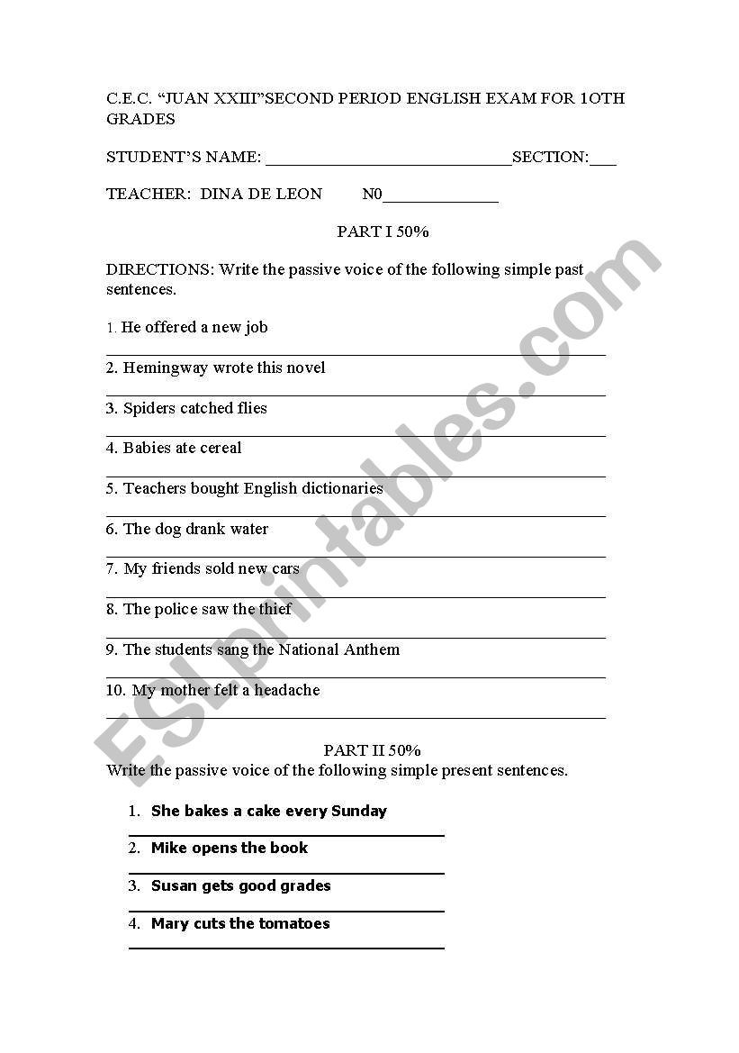 PASSIVE VOICE WRITTEN TEST ESL Worksheet By Dyndel