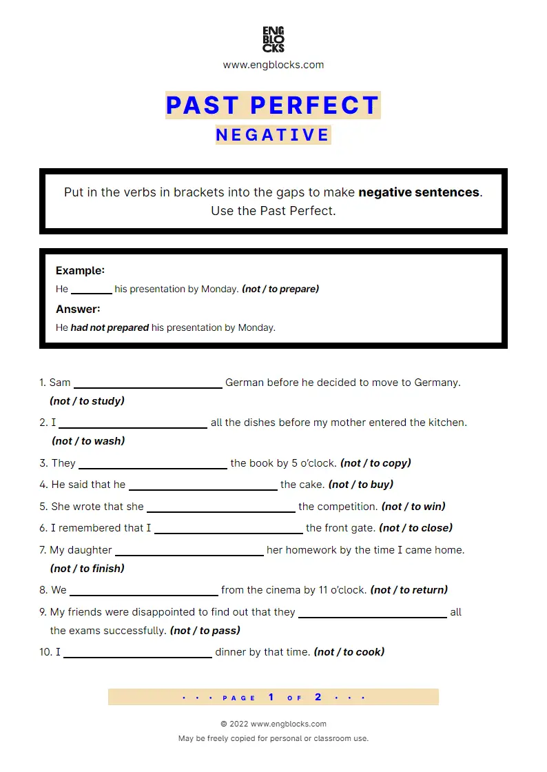 Past Perfect Negative ESL Worksheets