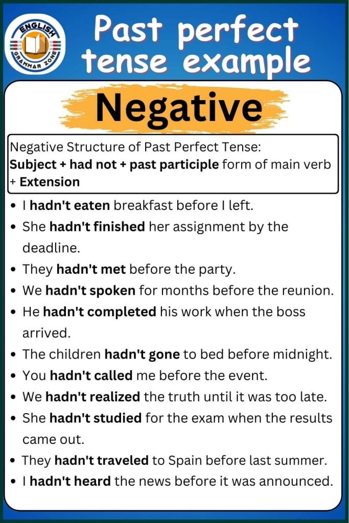 Past Perfect Tense Negative Examples