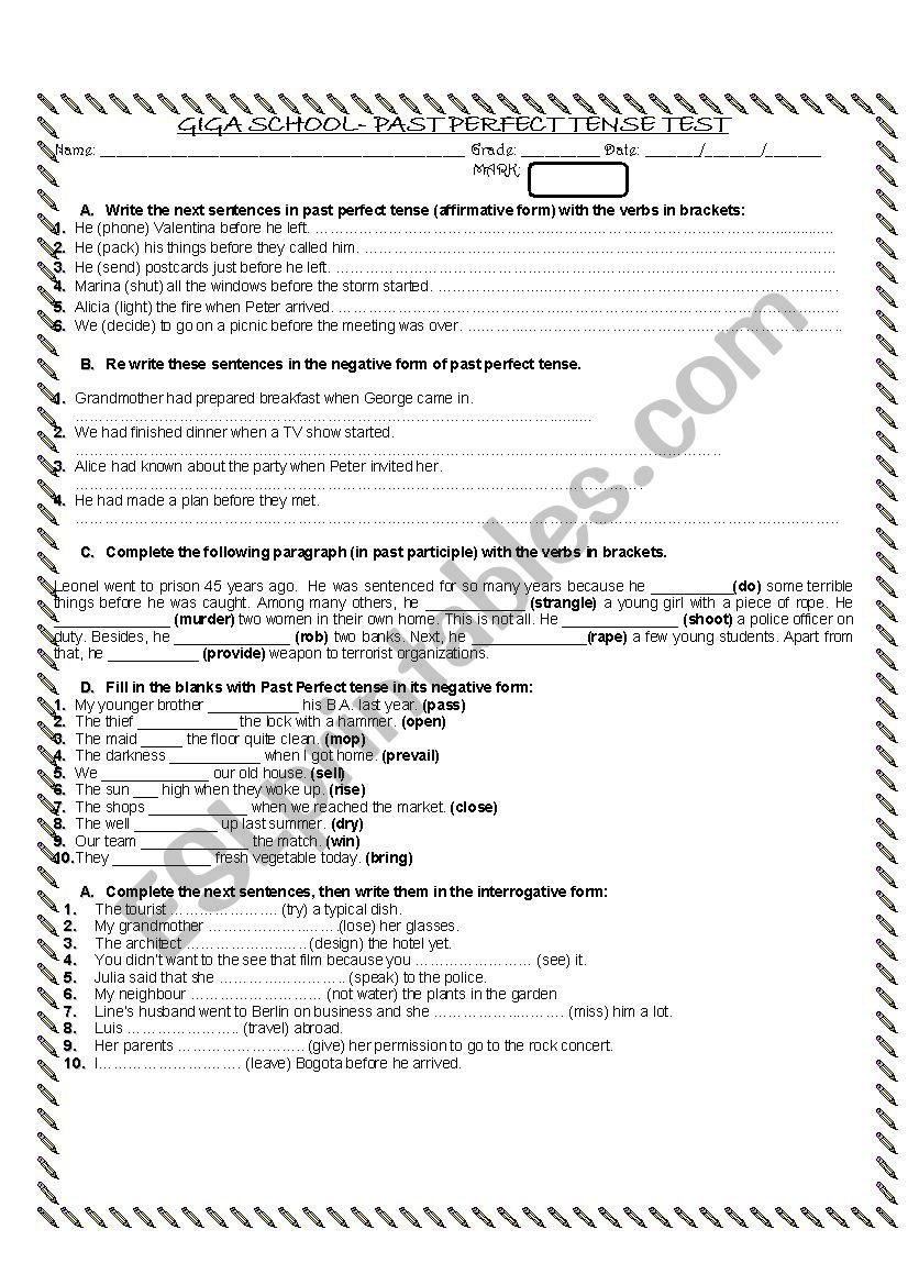 PAST PERFECT TENSE TEST ESL Worksheet By Dana G mez