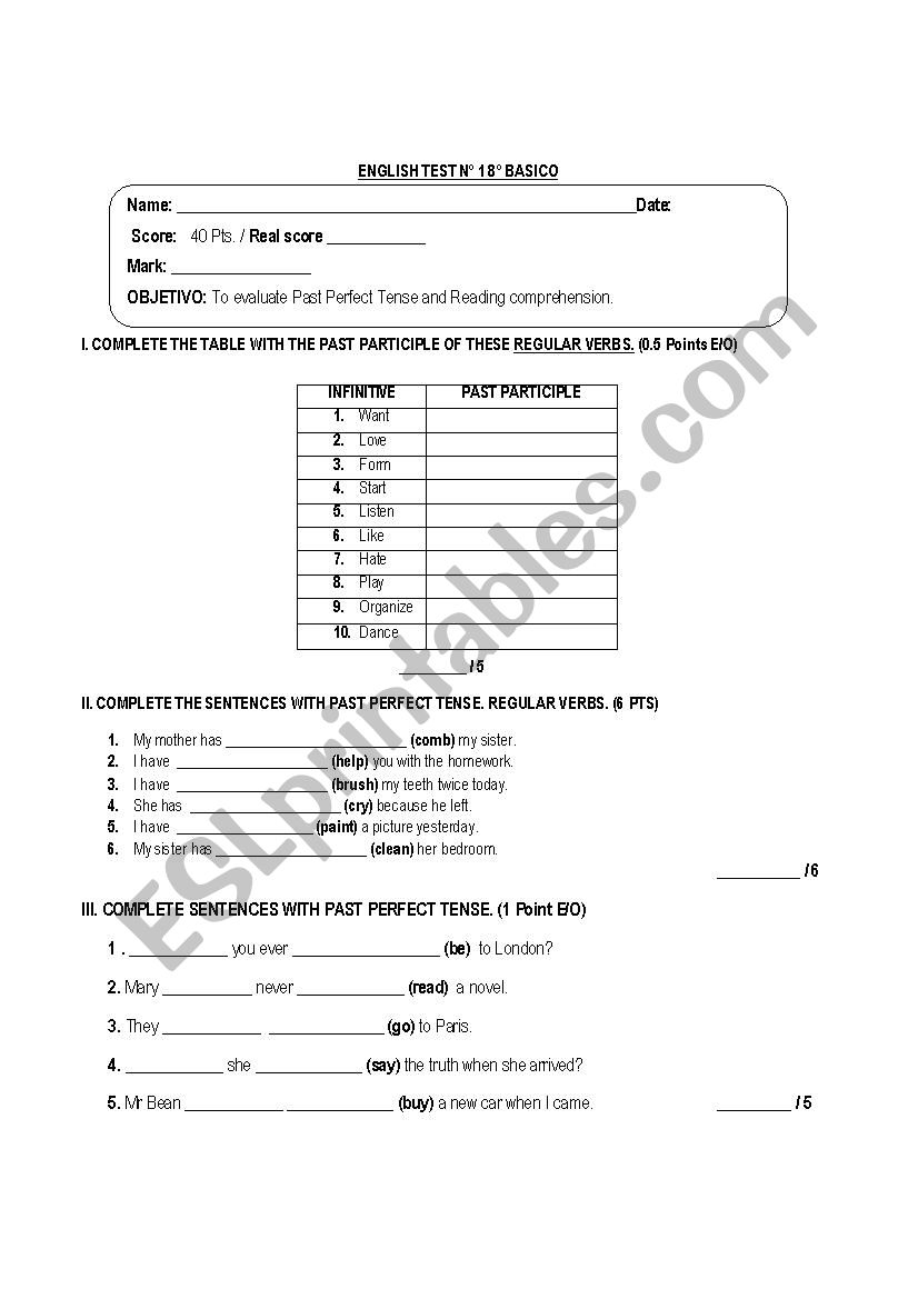 Past Perfect Tense Test ESL Worksheet By Mel24