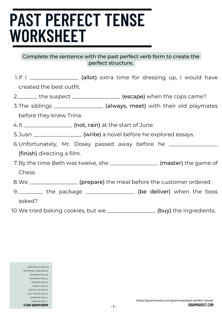 Past Perfect Tense Uses Examples Worksheet