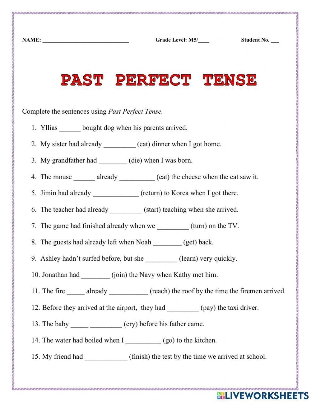 Past Perfect Tense Vs Past Simple Worksheet Live Worksheets 