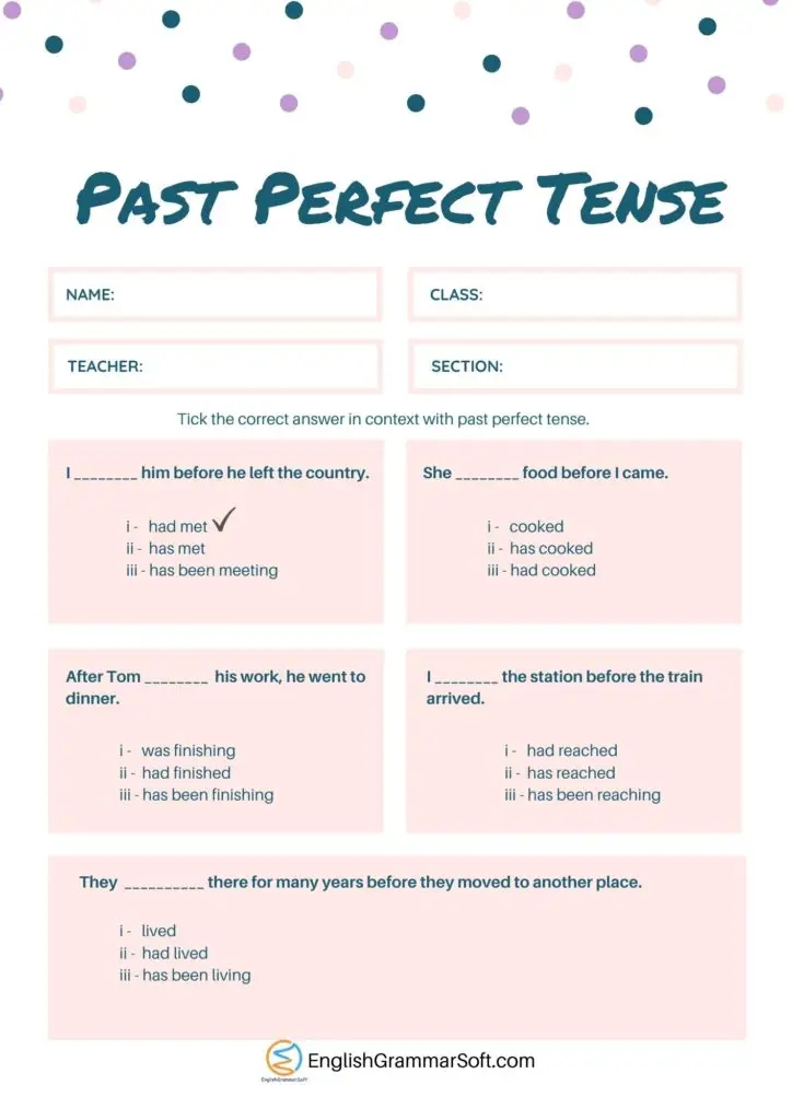 Past Perfect Tense Worksheet Grade 5