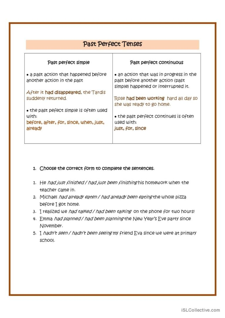 Past Perfect Tenses English ESL Worksheets Pdf Doc