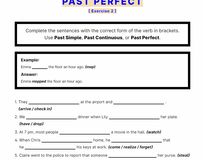 Past Simple Past Continuous Past Perfect Exercise 1 ESL Worksheets