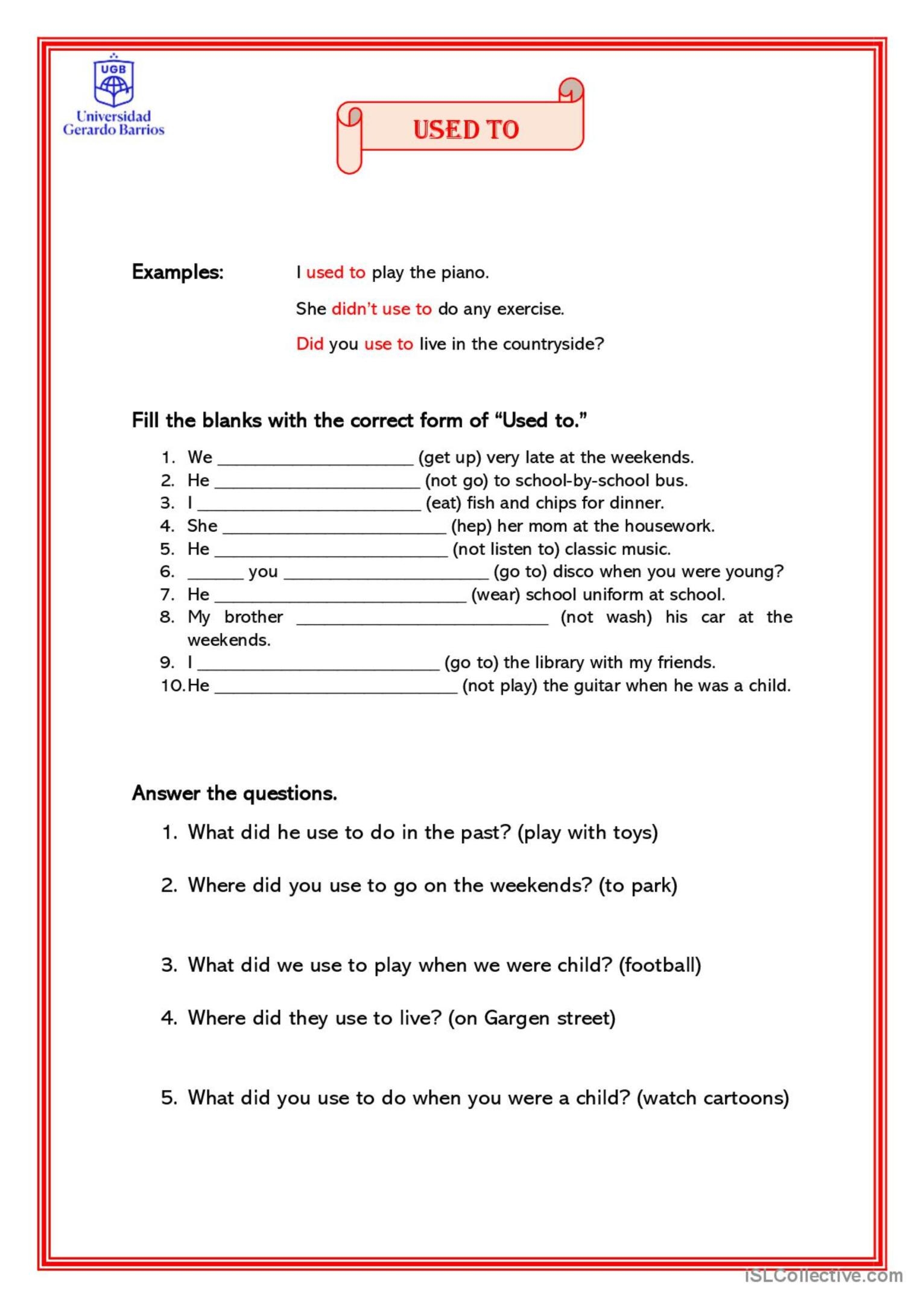Past Tense quot USED TO quot General Gramma English ESL Worksheets Pdf Doc