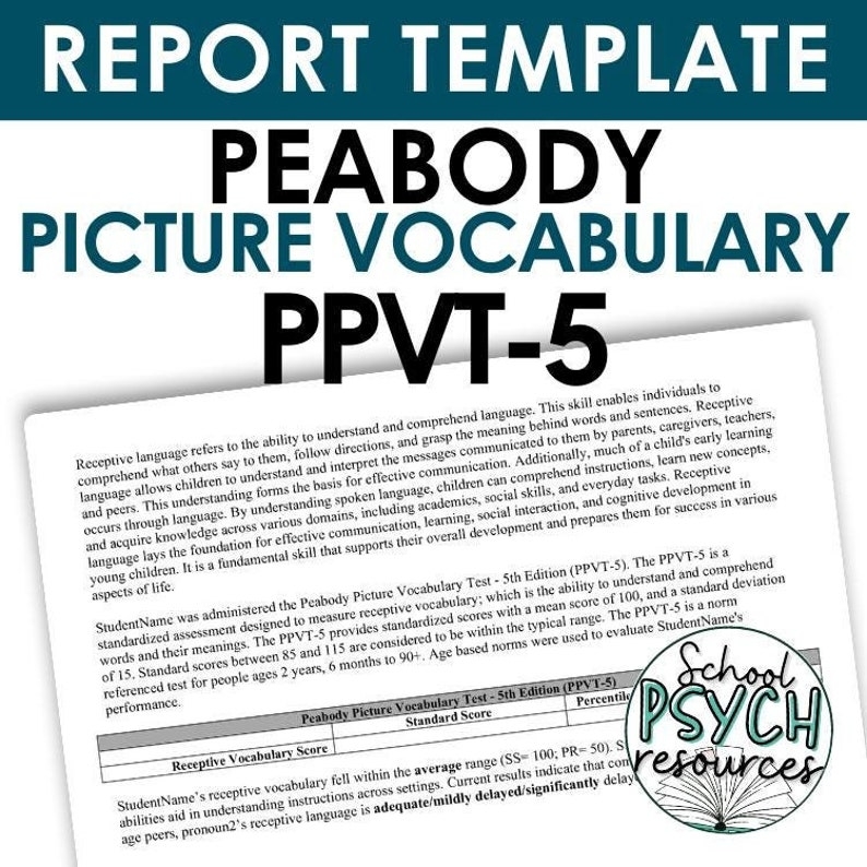 Peabody Picture Vocabulary Test PPVT5 Report Template Psych Special Ed 