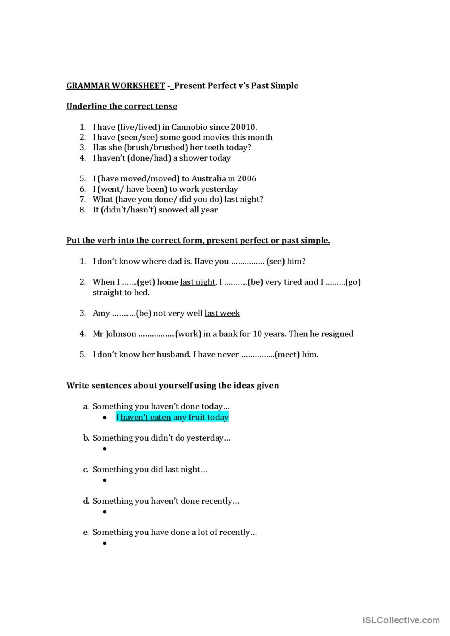 Perfect Present V 39 s Past Simple English ESL Worksheets Pdf Doc
