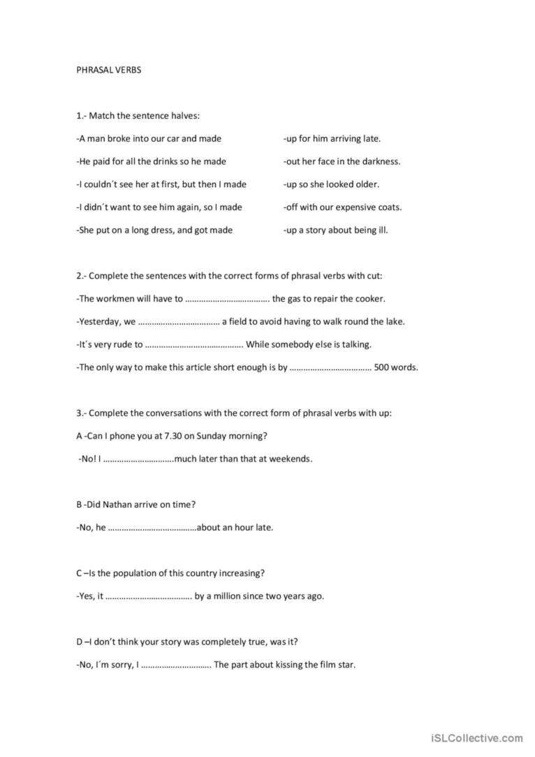 Phrasal Verbs Exercises English ESL Worksheets Pdf Doc