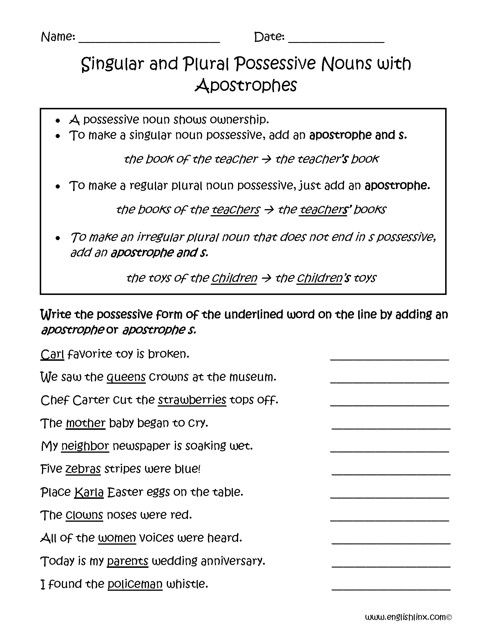 Plural Possessive Nouns Worksheets